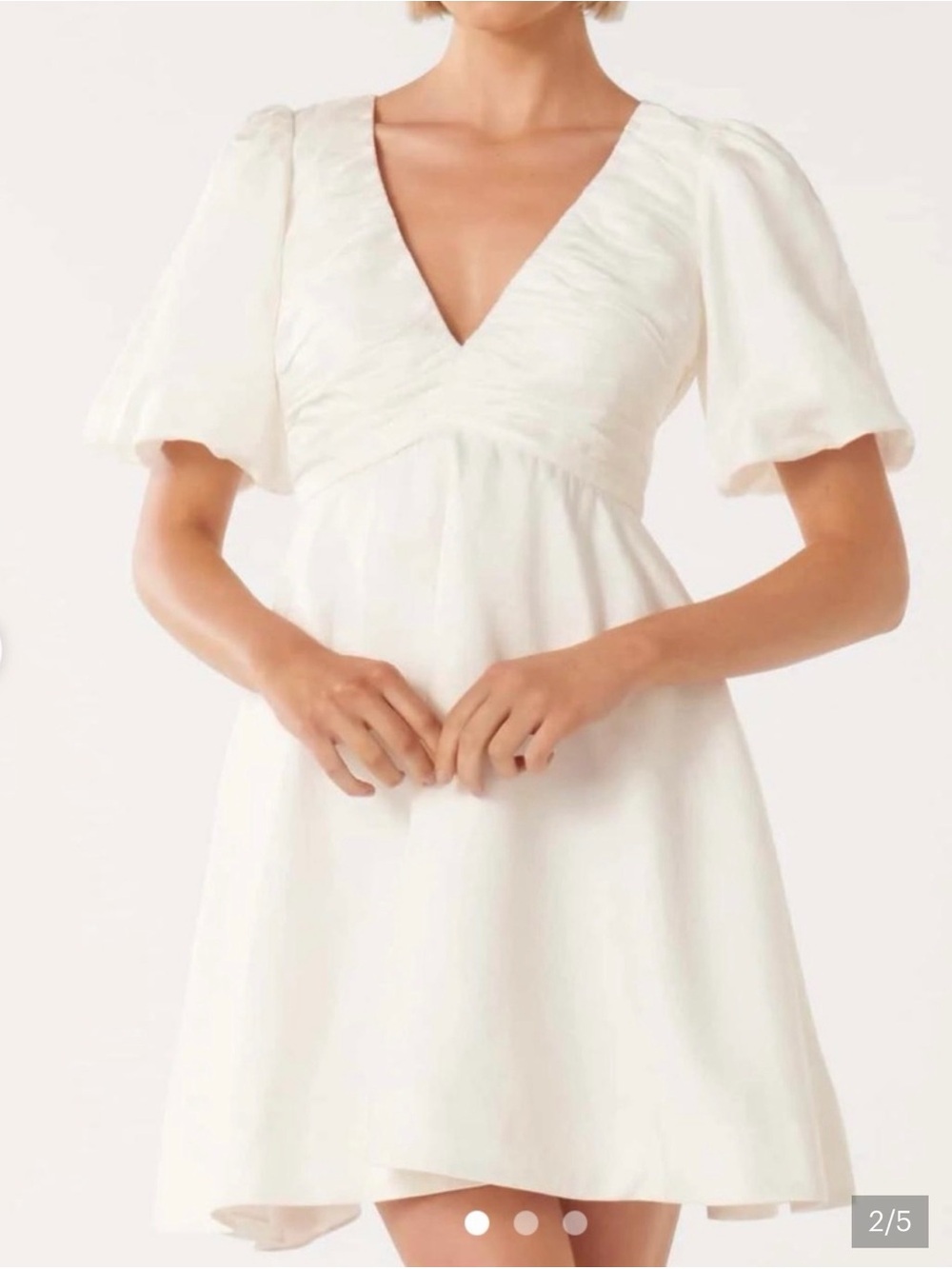 Evernew White V-Neck Puff Sleeve Mini Dress
